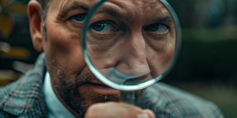 Businessman looking through a magnifying glass, searching, monitoring the situation, Generative AI.