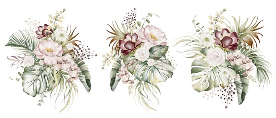Set of watercolor roses. Botanical composition of tropical leaves and flowers. Bouquet of australian plants and orchid branches. Wedding stationery, fashion, card, poster. Pink and pale beige bud.