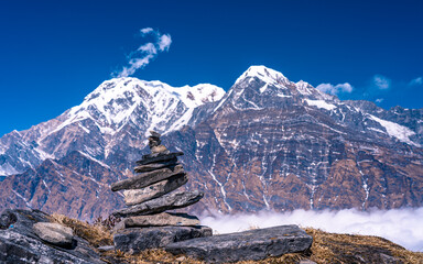 landscape view of snow covered mount Annapurna range in Nepal.