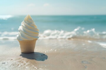 Concept of relaxation and fun in Summertime. Banner with Copy space for sales and advertising of refreshing sweet food. Summer Ice cream in waffle cup against the backdrop of the beach and sea