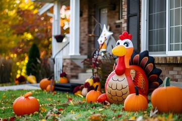 Outdoor Thanksgiving Decor: Inflatable Turkey and Pumpkins for Your Front Yard. Concept Thanksgiving Decor, Outdoor Display, Inflatable Turkey, Pumpkin Decor, Front Yard Display