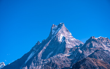 Landscape view of Mount Machhapuchhre range in Nepal.