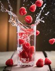 czerwone owoce wpadające z pluskiem do wysokiej szklanki z wodą  - obrazy, fototapety, plakaty