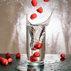 czerwone owoce wpadające z pluskiem do wysokiej szklanki z wodą  - obrazy, fototapety, plakaty