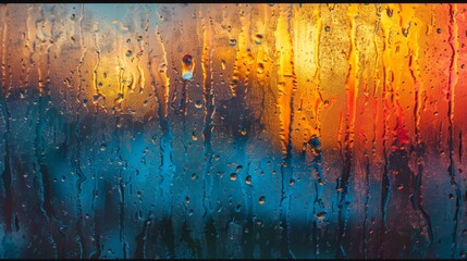 This close-up shot captures raindrops on a window, reflecting the overcast sky. The droplets distort the view outside, creating a blurred, wet effect