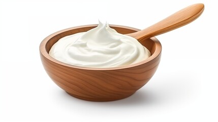 Sour cream in wooden bowl and spoon, mayonnaise, yogurt, isolated on transparent or white background.