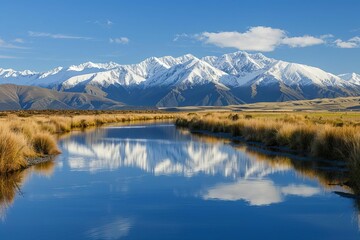 tranquil landscape with snowcapped mountains reflected in still river nature photography