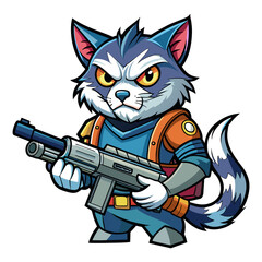 Humorous vector illustration of a cat holding a cartoonish firearm, with exaggerated features and bold colors, perfect for printing on t-shirts or stickers