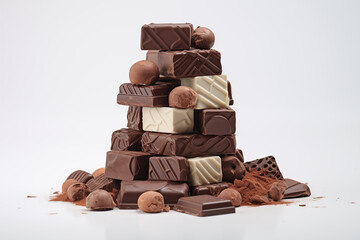 Chocolates on white background. Topics related to chocolate. World of chocolate. Chocolate professions. Chocolate maker job offer. Images for graphic designer. Chocolates isolated.