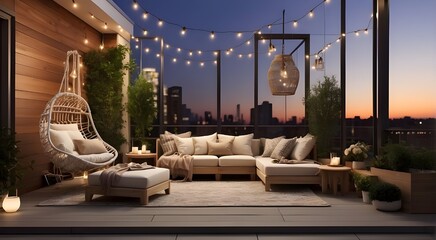 a contemporary, cozy rooftop patio space featuring a sitting area, a hanging chair, and string lights for dusk, 