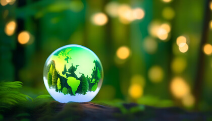 A glass globe with a miniature forest inside surrounded by bokeh lights