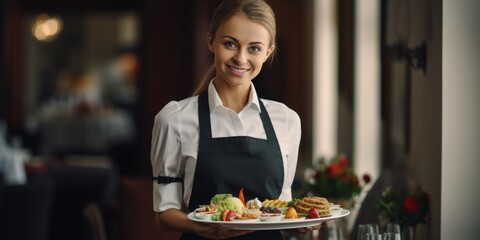 A girl waitress in a special uniform stands in a restaurant with a dish. Generative AI.