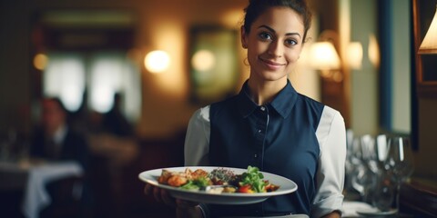 A girl waitress in a special uniform stands in a restaurant with a dish. Generative AI.