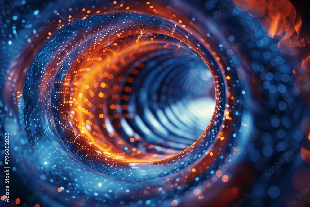 Poster this image features a mesmerizing tunnel of blue and orange lights with a futuristic and digital fee