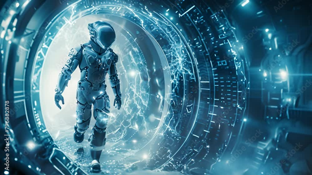 Poster a man in a space suit is walking through a tunnel. the tunnel is illuminated with bright lights and 