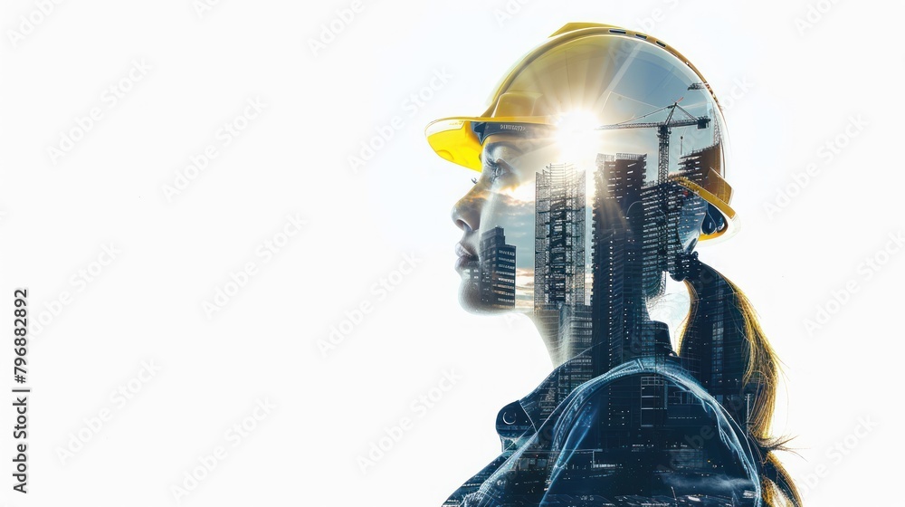 Wall mural double exposure of a young engineer woman and construction site with safety helmet letting see city 