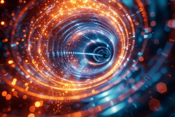 Obraz premium This image depicts a vibrant spiral of lights with a galactic or quantum feel in beautiful shades of blue, suggesting concepts like cosmos exploration