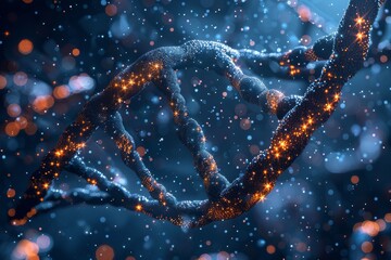 A visual depiction of the intertwining strands of DNA embellished with glowing orange sparks on a blue background