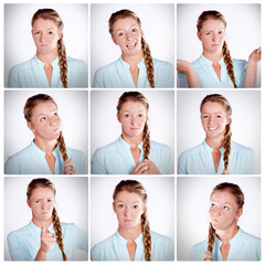 Fototapeta na wymiar Woman, portrait and collage with funny faces, expressions or humor for comedy in montage. Young model or female person with personality in collection, frame or series of silly or goofy emotions