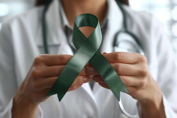 This moving image captures a doctor's hands carefully holding a green awareness ribbon, symbolizing patient support