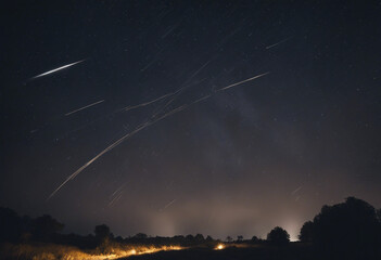 Beautiful Meteor shower in the dark sky at night background Shiny of shooting star from space landsc