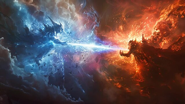 Two characters are fighting in a video game, one is blue and the other is red. The blue character is holding a sword and the red character is holding a gun. The scene is intense and action-packed