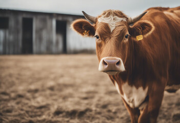 Brown Cow or bullock farm portrait looking at camera isolated on clear background funny moment Farml