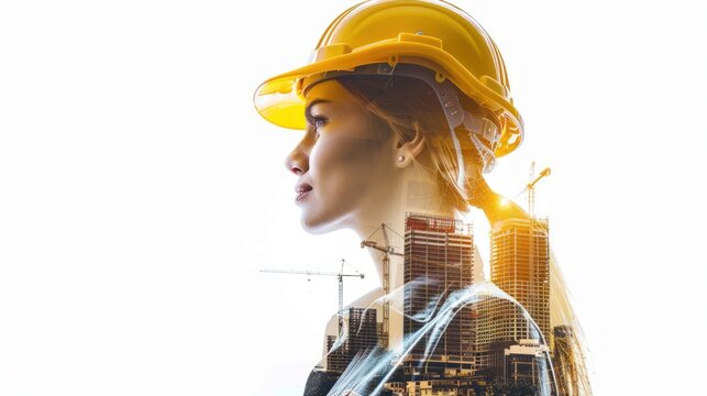 Double exposure of a young engineer woman and construction site with safety helmet letting see city buildings under construction on white background with copy space, business engineering concept.