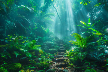 Mystical path to hidden waterfall in amazon rainforest