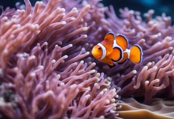 Clown fish swimming on anemone underwater reef background Colorful Coral reef landscape in the deep