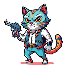 cat holding a cartoonish firearm, with exaggerated features and bold colors, perfect for printing on t-shirts or stickers