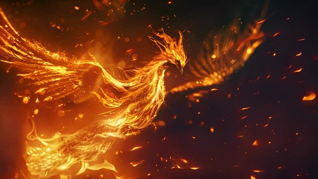 A fiery bird with flames shooting out of its wings. The image has a sense of danger and excitement