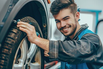 A smiling car mechanic installs a new wheel on the car. The work of the car service.
