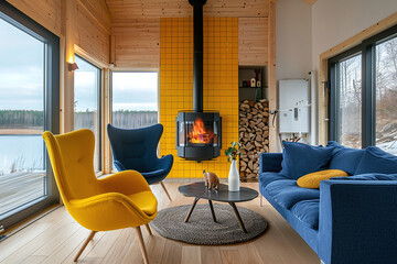 Modern and stylish interior with yellow and blue furniture, chairs in the shape of an avocado and  fireplace in the background. Minimalist design with copy space