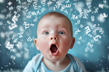 Excited Toddler with Alphabet Letters Flying Around. Funny baby boy with flying letters in the background with copy space.