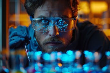 A scientist intensely focused on his experiment in a lab, evident by the light patterns on his glasses