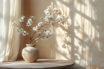Delicate spring blossoms in a pottery vase casting soft shadows in warm natural light
