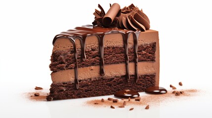 Tasty chocolate cake isolated on white background.