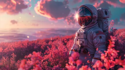 Astronaut amidst alien flora at sunset