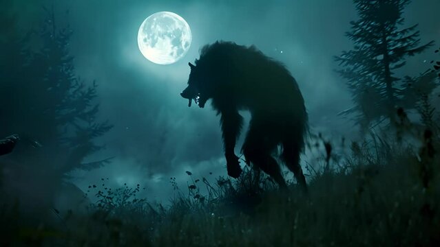 Under the full moon's eerie glow, a werewolf's silhouette transforms in a forest clearing, a picture of agonizing metamorphosis