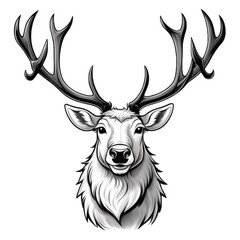 Graphic black line illustration of reindeer. Isolated on white background. Sketch art