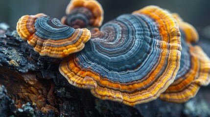 Capture the delicate beauty of fungi thriving on the bark of a tree with a close-up image that reveals the intricate patterns and vibrant colors of these often-overlooked organisms. Let the soft