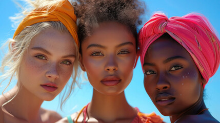 Three women with different colored head scarves stand in front of a blue sky. The women are smiling and appear to be posing for a photo. Concept of unity and diversity