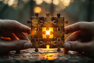 Two hands aligning the last puzzle pieces during a golden sunset, symbolizing connection and solution