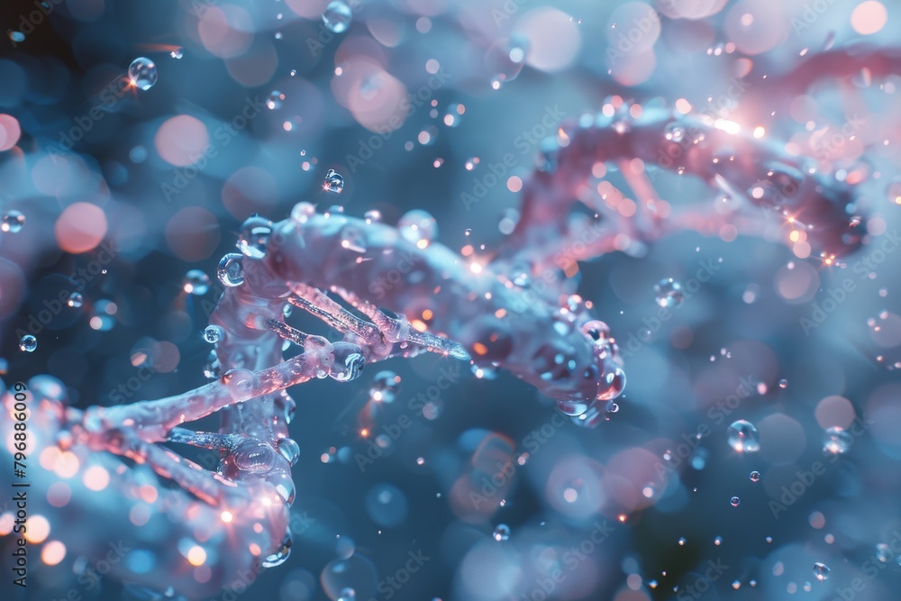 Poster a close-up view of a dna double helix structure surrounded by water droplets, highlighting the conce
