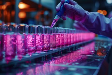 A laboratory technician meticulously pipettes a glowing pink solution into a row of test tubes, symbolizing scientific research and medical advancement