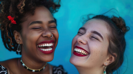Two women are smiling and laughing together. One of them has a nose ring. Scene is happy and lighthearted