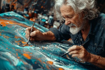 A focused elderly artist with long gray hair engrossed in painting a vivid, textured abstract artwork on canvas