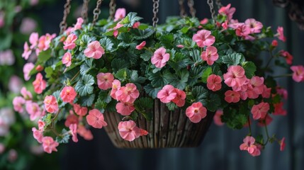 Dive into the world of botanical beauty with an image showcasing the elegant Pelargonium peltatum, also known as ivy-leaf geranium, cascading gracefully from a hanging basket