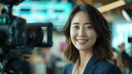 Asian woman journalist is standing in front of a wall with a camera. She is smiling and looking directly at the camera.